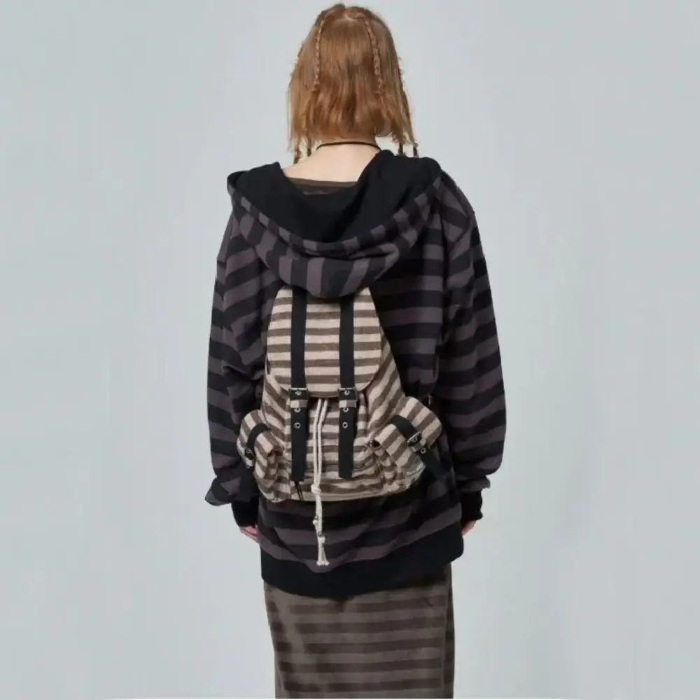 Mochilas de estilo coreano de alta calidad, diseño con cordón, mochilas informales de gran capacidad, bolsas de mano suaves y planas a rayas