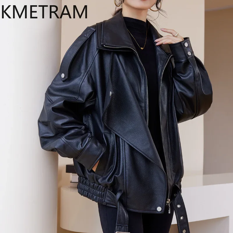 100% Sheepskin จริงหนังแจ็คเก็ตผู้หญิงฤดูหนาวเสื้อผ้า Cropped แจ็คเก็ตรถจักรยานยนต์คุณภาพสูง Outerwears 2024бка