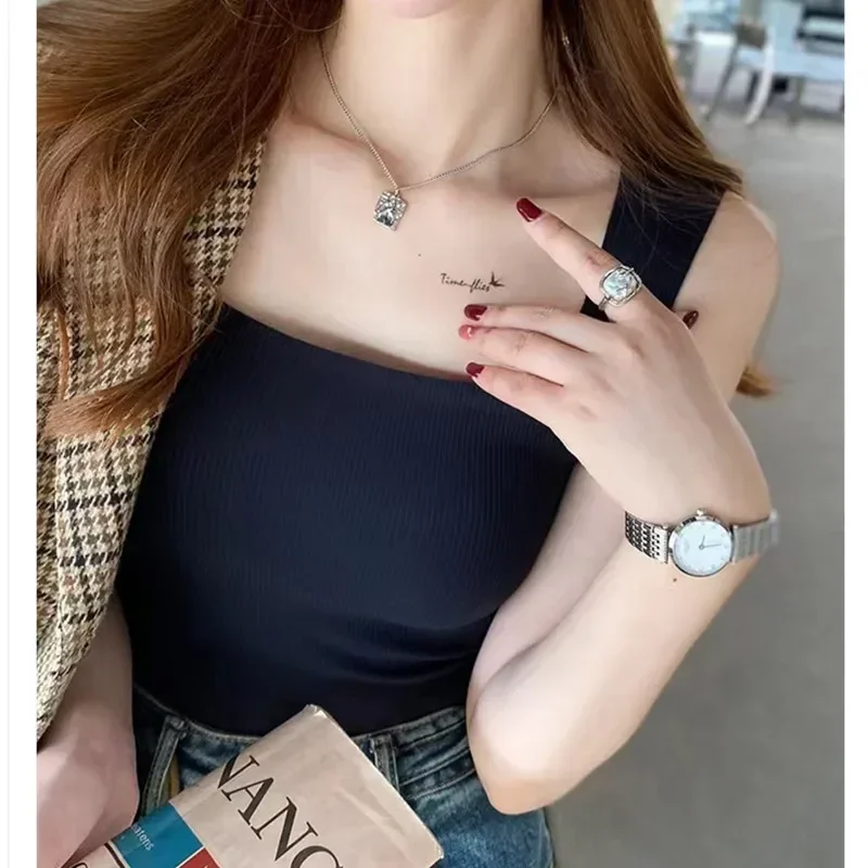 New Wide Shoulder Camisole Square Neck Beautiful Back Threaded Vest Women's Seamless One-piece Fixed Cup Casual Solid Tops