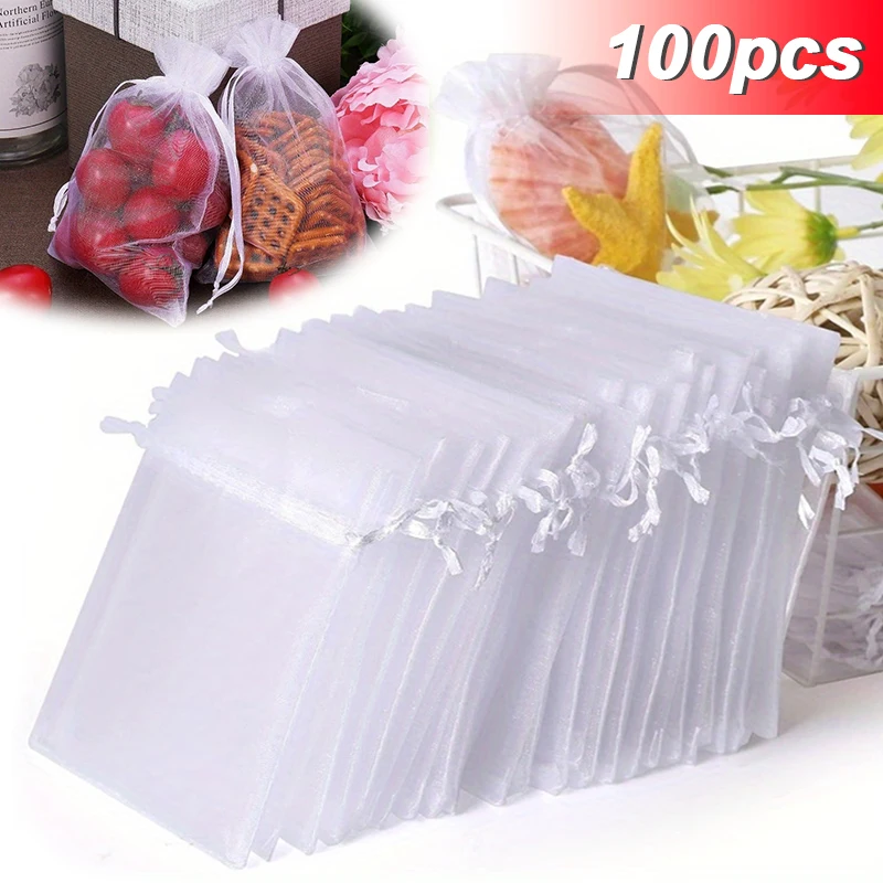 100 Stück Organzabeutel, zufällige Netz-Organza-Schmuckbeutel mit Kordelzug, kleine Kordelzug-Geschenkbeutel, Weihnachten, Süßigkeiten, Hochzeit, Geburtstag