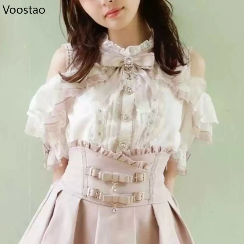 女性の愛の心の弓オフショルダーブラウス、日本の愛らしいロリータブラウス、女の子のためのjkシャツ、カジュアルレースフラップトップ、エレガント