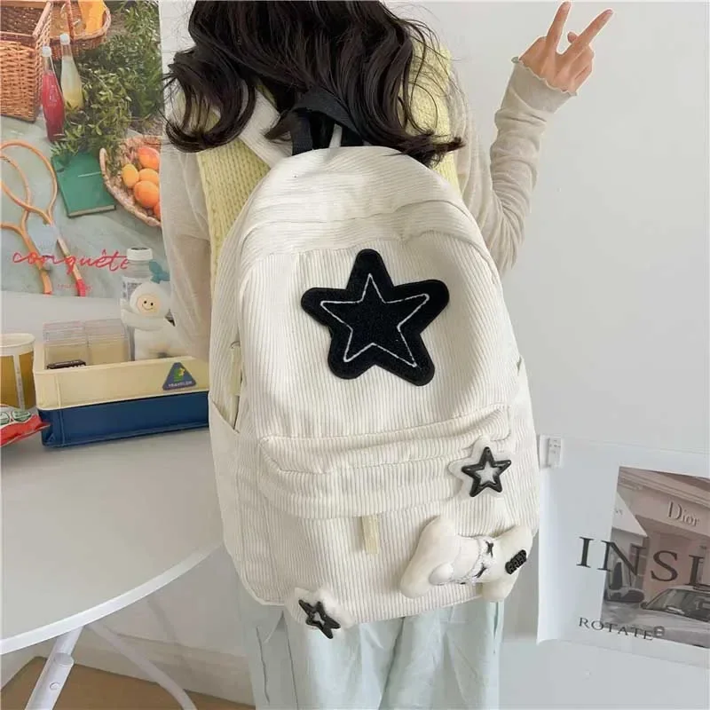 Y2K 걸스 스타 패턴 노트북 배낭 십대 학생 대용량 학교 Bookbag 코듀로이 배낭 더블 스트랩 숄더 백