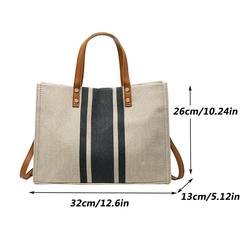 Simple Canvas Stripe Decor กระเป๋าถือผู้หญิง Top Handle Tote กระเป๋าขนาดใหญ่ความจุลําลองไหล่กระเป๋า Crossbody