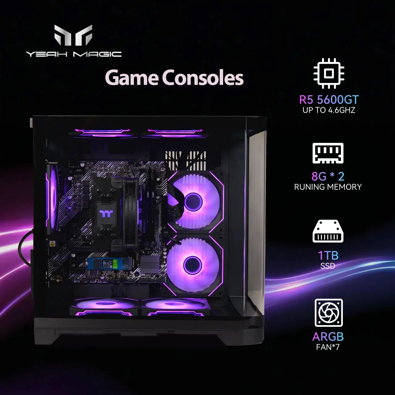 Consolas de juegos YEAH MAGIC AMD Ryzen 5 5600GT 3,9 GHz 16GB(8G*2) DDR4 3200 1T NVME SSD ARGB 7 ventiladores Win 11 Home Gamer escritorio WIFI6