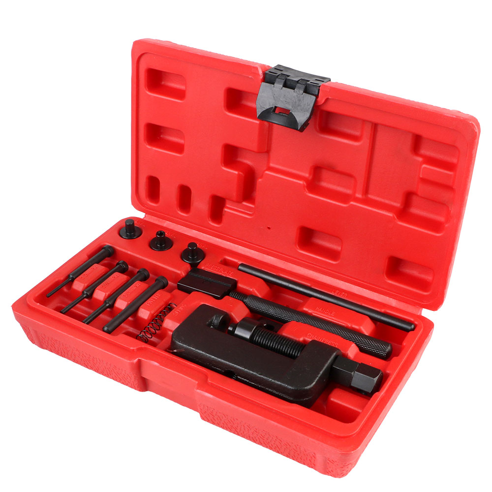 Juego de rebitador de eslabones divisores, Kit de herramientas de reparación de remachado, resistente para motocicleta y bicicleta con caja roja, interruptor de cadena de transmisión de leva, 13 Uds.
