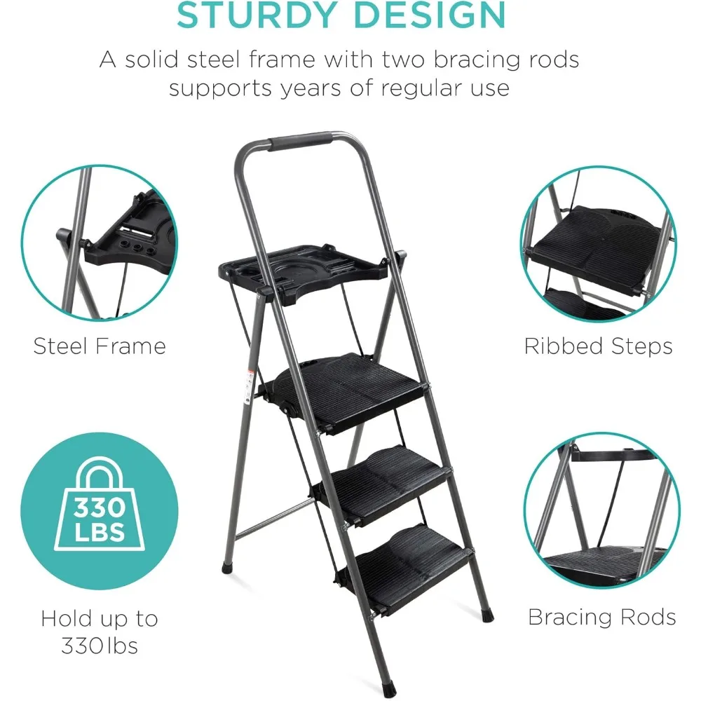 3-Step Ladder with Tool Tray, Portable Folding Wide Anti-Slip Step Stool, Hand Grip for Home and Office, 33