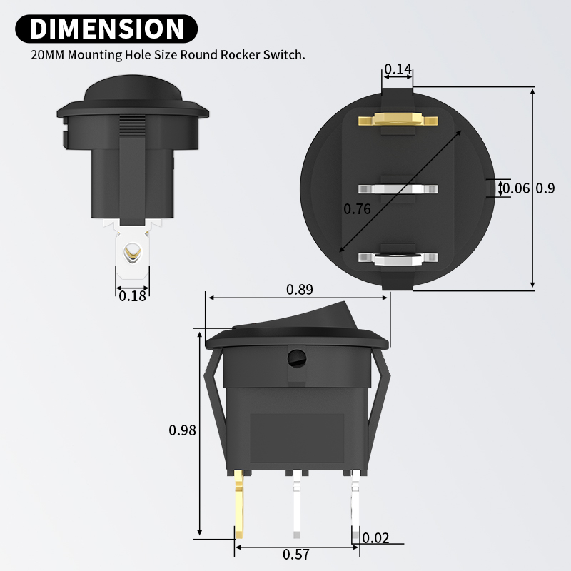 DaierTek-Round Rocker Toggle Switch, Interruptor de Luz para Carro e Barco Automotivo, 3 Pin, 2 Way SPST, 12 V, 20A, DC, 4Pcs