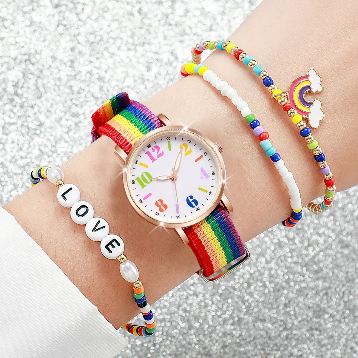 4 ชิ้น/เซ็ตผู้หญิงนาฬิกา Casual ไนลอน Band Analog ควอตซ์นาฬิกา Love สร้อยข้อมือลูกปัดชุด