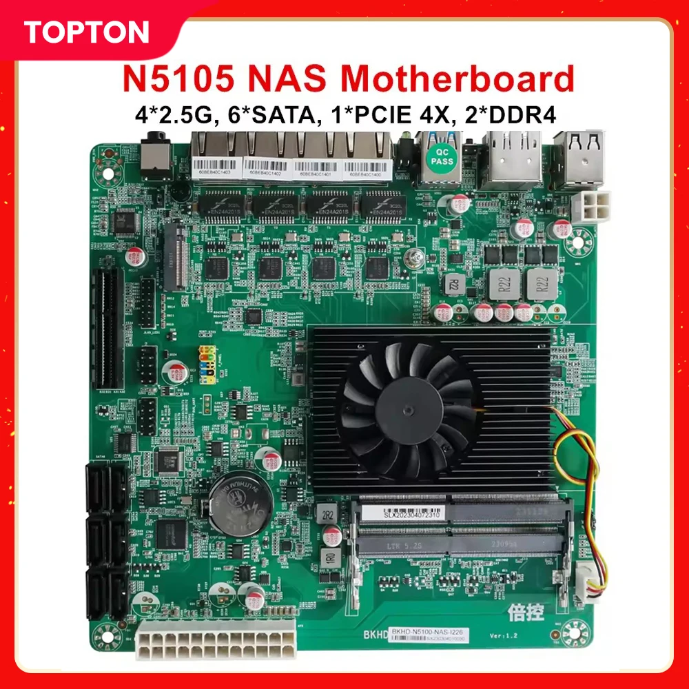 Topton NAS Moederbord N5105,4x Intel i226 2,5Gbps LAN,1*PCIE 4x, 6*SATA3.0,2*DDR4, HDMI2.0 DP, Mini ITX Soft Router VPN Openwrt