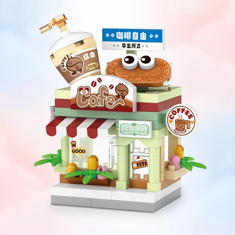 Restaurant Dessert Coffee Pet Fruit Store Street View Food House Building Blocks Kit Girls Bricks Model Kids Toy Boy Child Gifts