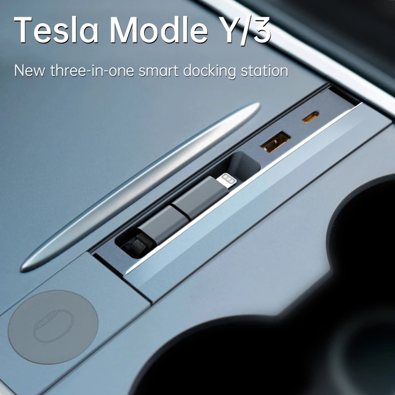 For Tesla Model 3/Y USB Hub 27W 3 in 1 Docking Station with retractable cable Support Wireless Charging Of Apple Watch for Tesla