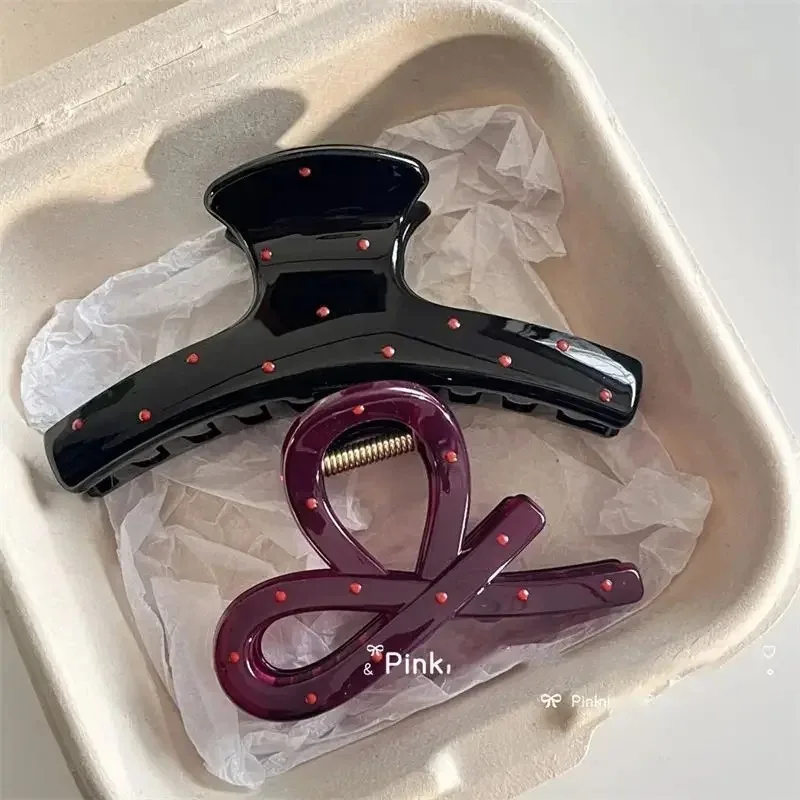 빈티지 블루 물방울 무늬 레드 리본 헤어 클립 샤크 클로 클램프 헤어핀 바레트 한국 헤어 액세서리 여성용 2개 세트