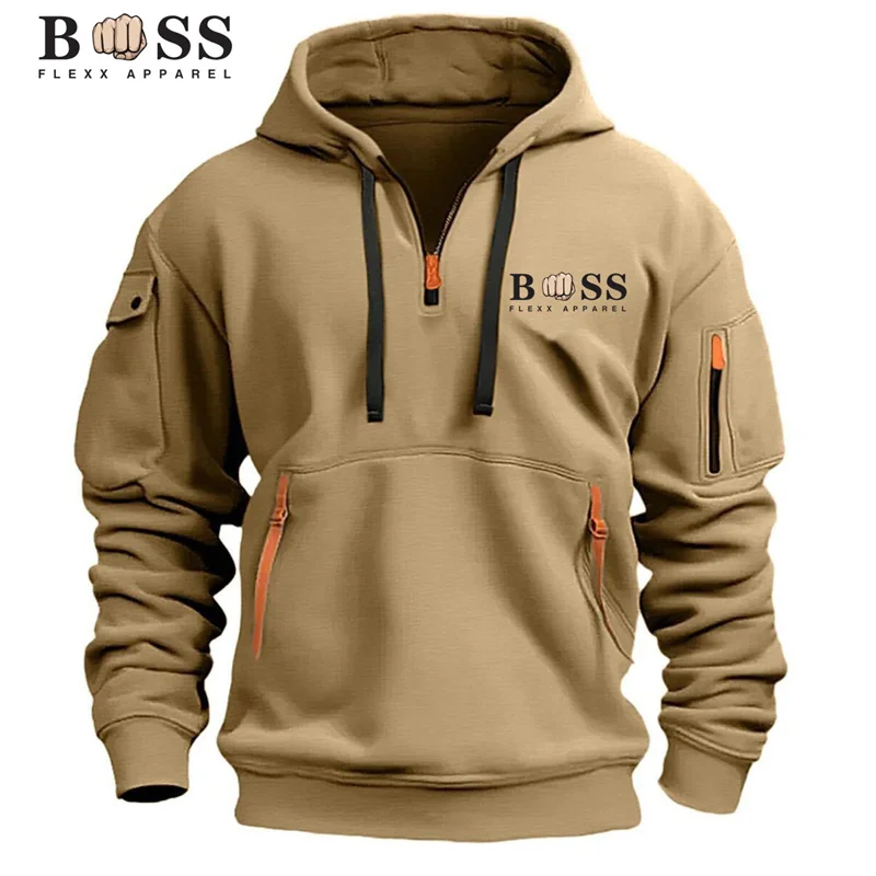 เสื้อสเวตเตอร์มีฮู้ดผู้ชาย,เสื้อสวมหัวกีฬาลําลอง,ซิปแขนยาวฮาราจูกุย้อนยุค,หลายกระเป๋า,แจ็คเก็ตหลวมลําลอง,Stre