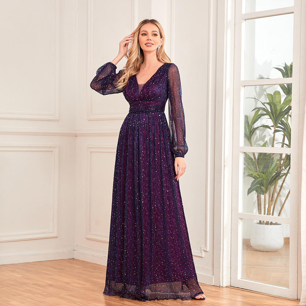 Eleganter, hell funkelnder, plissierter, langärmliger Damen-Swingrock mit V-Ausschnitt und durchgehendem Futter und elastischem Bund in A-Linie für besondere O-Linie