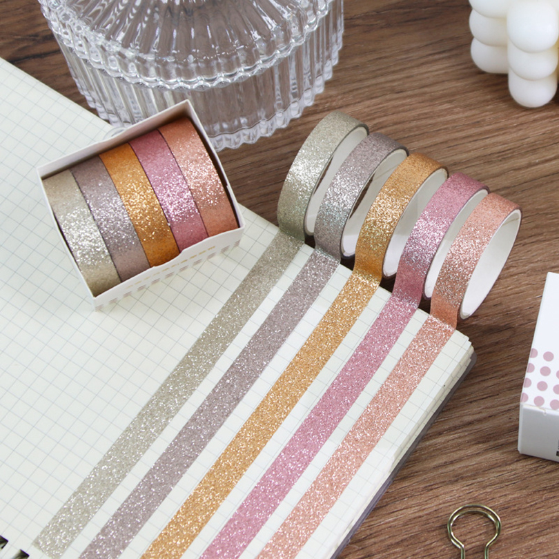 5Pcs 반짝이 Washi 테이프 세트 기본 마스킹 테이프 저널 용품 Washitape 편지지 스크랩북 앨범 장식 접착 테이프