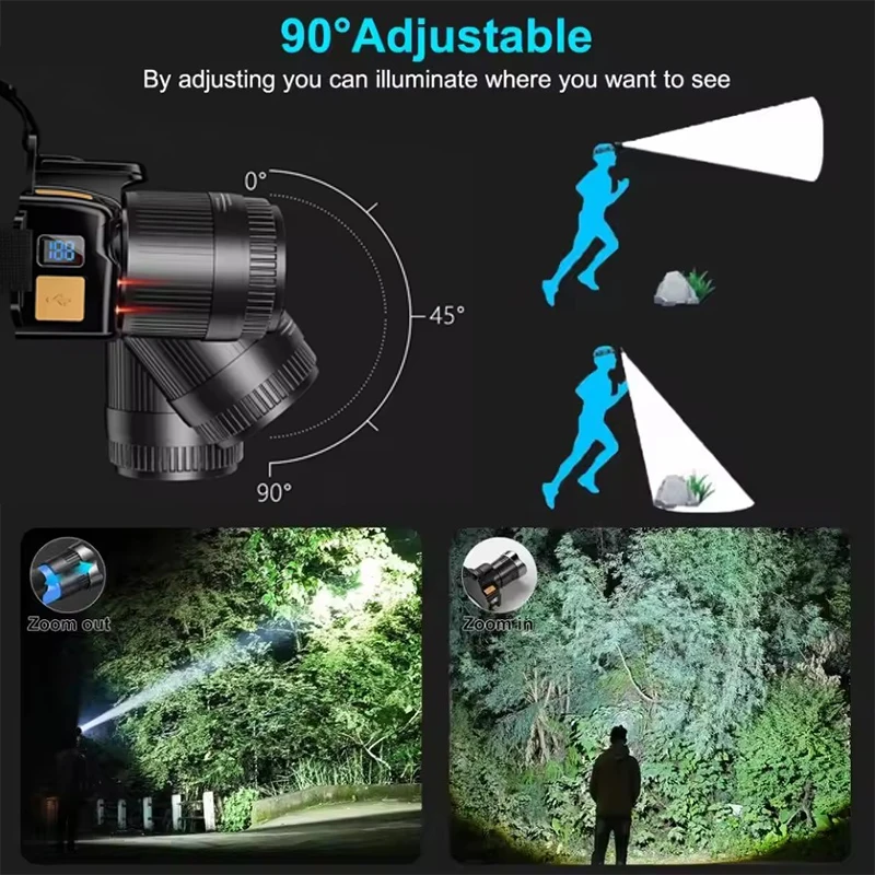 Linterna frontal con Sensor LED superbrillante, recargable por USB, luz frontal con batería integrada, linterna para acampar y pescar