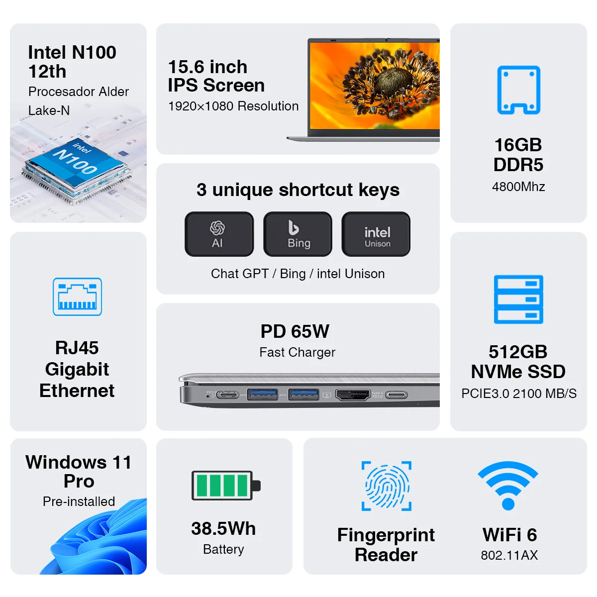 Laptop, 15.6 Inch, Intel Pentium Quad-Core N100 PC Up To 3.4GHz, 16GB DDR5 RAM 512GB SSD ROM, WiFi 6, Fingerprint, USB Type-C