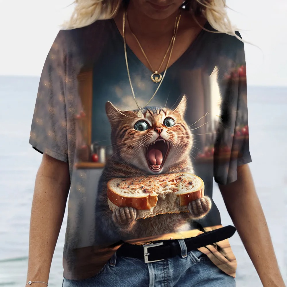 Mode vrouwen T-shirt Kat Gedrukt Korte Mouw Vrouwelijke Harajuku Tees Dames T-shirt Oversized V-hals Tops Dier Vrouwen Kleding