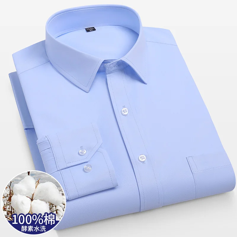 2025 New High Quality 100% Cotton Men Dress Long Sleeve Shirt Solid Male Regular Fit Stripe Business Social Shirt White S-8XL