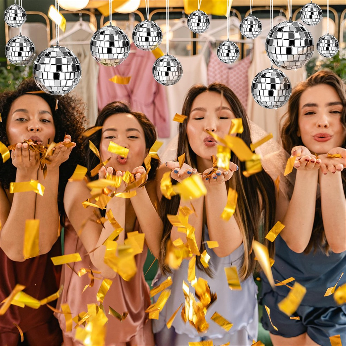 ロープ付きディスコボールハンギングミラー、休日のパーティーの装飾、ガラス玉の装飾、24個