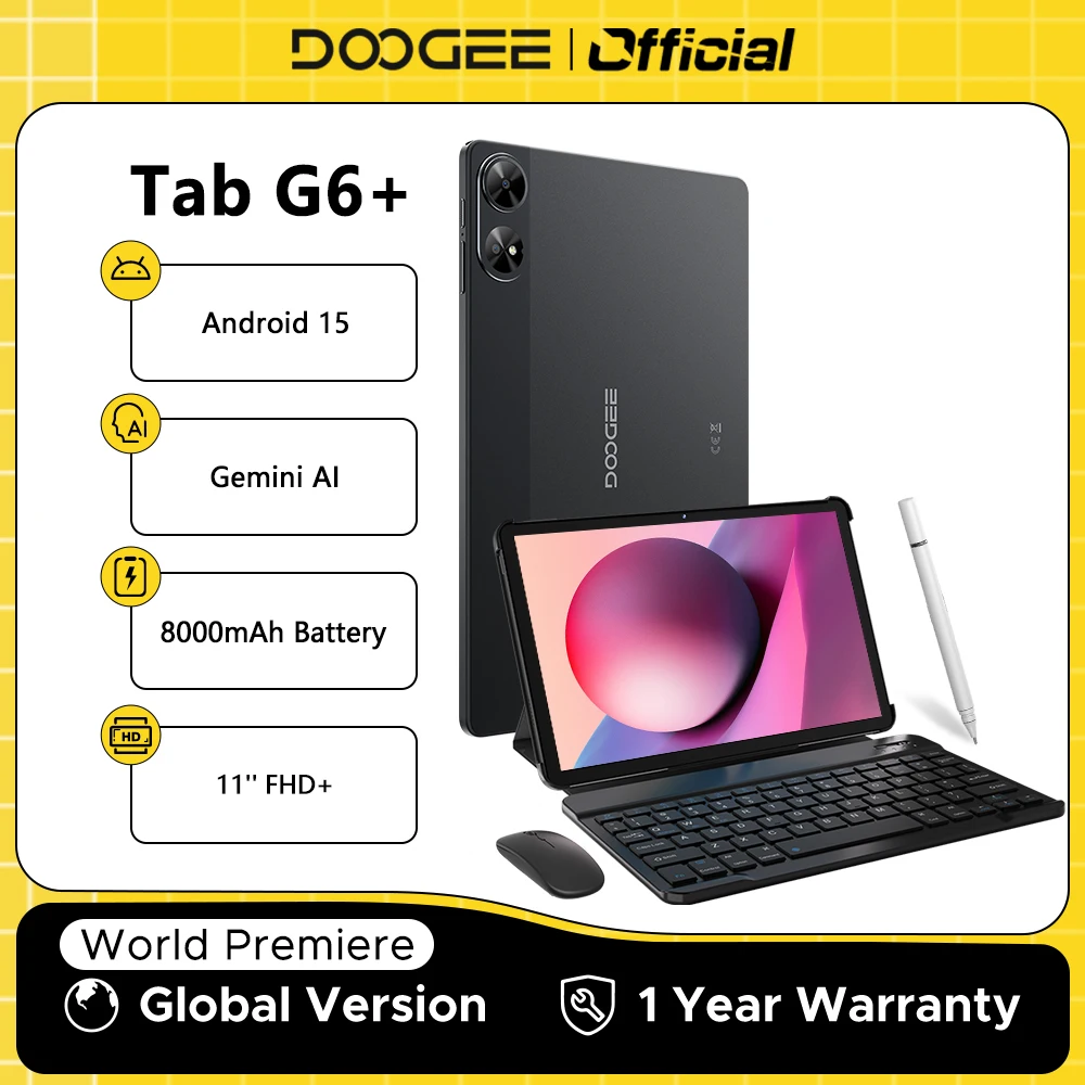 【Brand+】Doogee Tab G6+ 2 in 1 Tablet Pc Android 15 Gemini Ai Dual Speakers 8000Mah Battery 32Gb(8+24) Ram 256Gb Rom L1 4g Lte