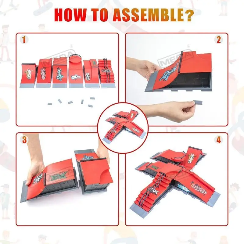 DIY Finger Skatepark 6-in-1 ชุด Professional Tech Practice Deck แพลตฟอร์ม Stunt สเก็ตบอร์ดนิ้วมือประกอบ Ramp Park ชุดของเล่น
