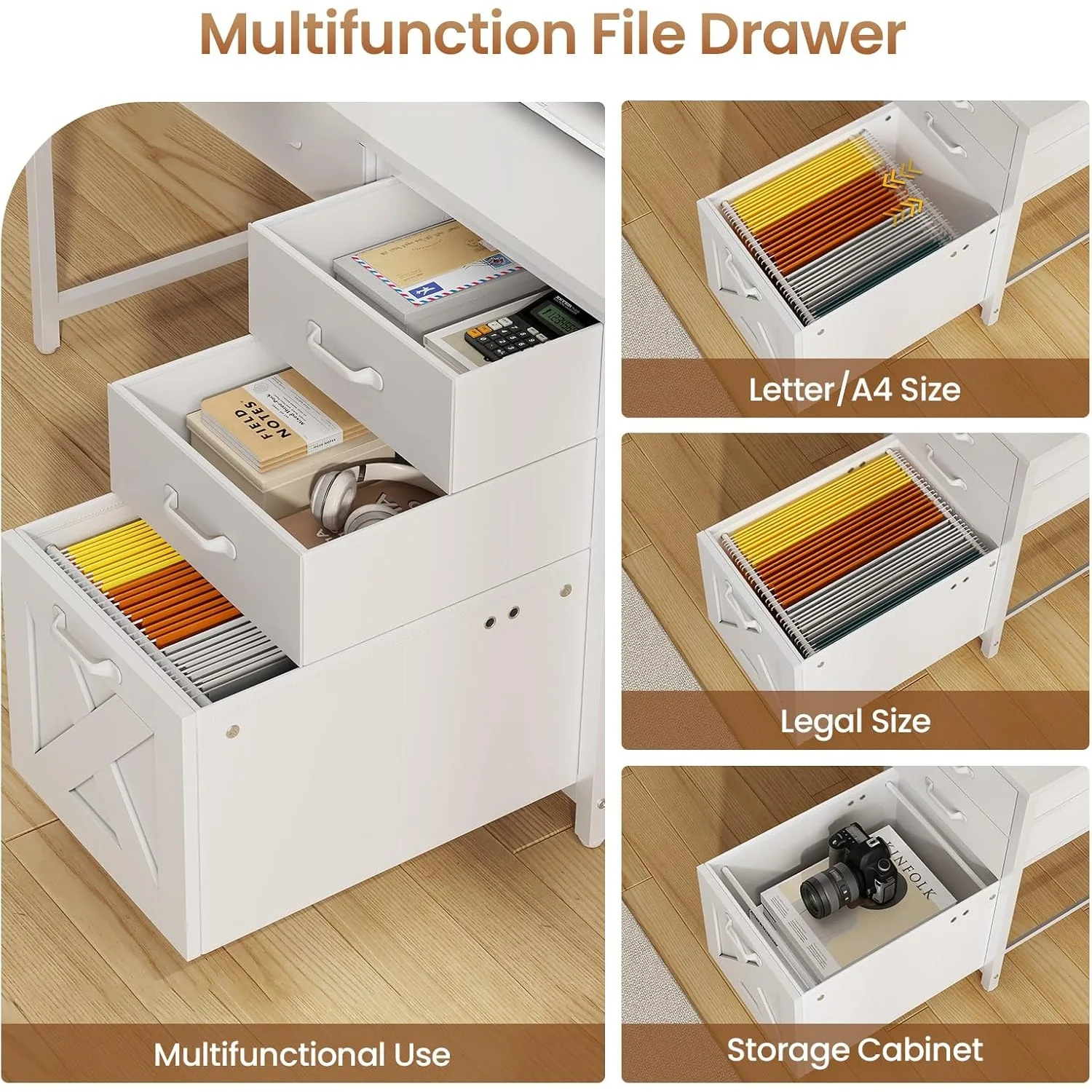 Office Desk with 5 Fabric Drawers, Computer Desk with Drawers,Farmhouse Desk with Headphone Hooks for Home Office (39 inch)