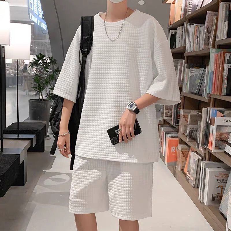 Conjunto de Roupas Esportivas de Manga Curta em Seda Gelada para Homens, Traje Casual de Verão, Calças Curtas de Crimento ...