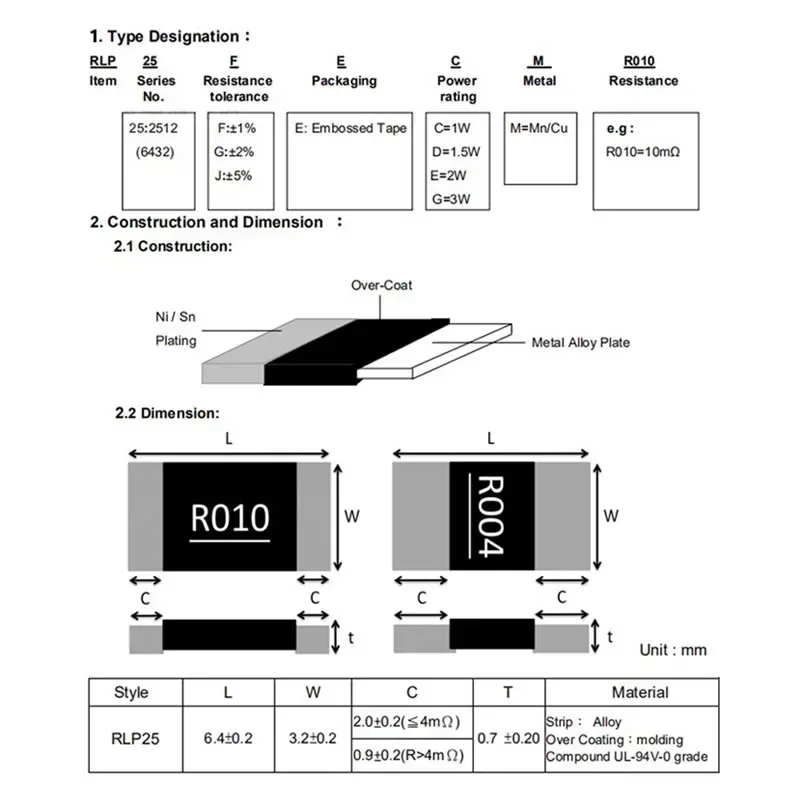10 шт. 2512 резистор из сплава SMD 2 Вт 1% резисторы R001 R002 R003 R004 R008 R009 R010 R012 R015 R020 R025 R060 R070 R100 R120 R150
