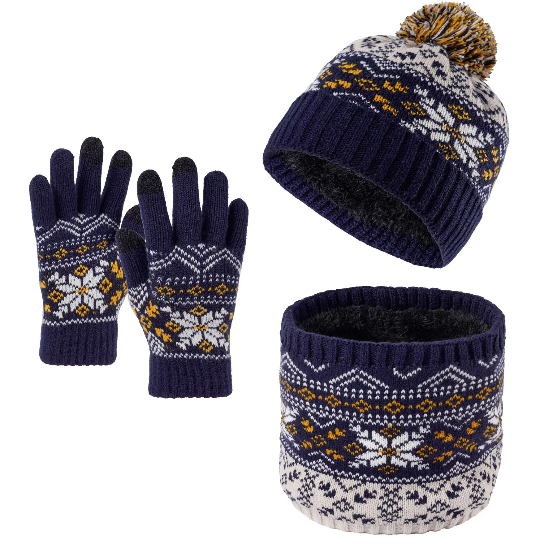 3pc3-12Y Chapéu de malha quente infantil, cachecol e luvas conjunto de três peças de floco de neve para meninos e meninas com lã