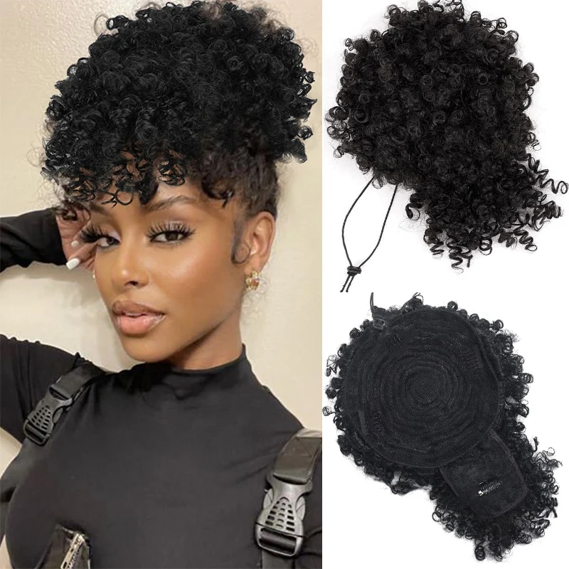 Afro Puff Curly Ponytail Extension para Mulheres, Kinky Hair Updo with Bangs, Drawstring Ponytail, preto, cabelo sintético