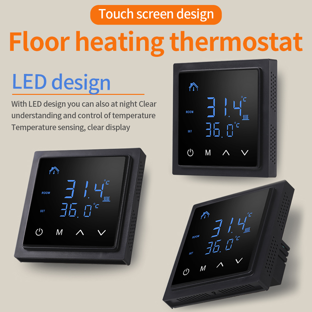 16A Floor Heating Temperature Controller Smart Thermostat with LED Touch Screen Wiring Electric Heating Control 85-265V MH1828A