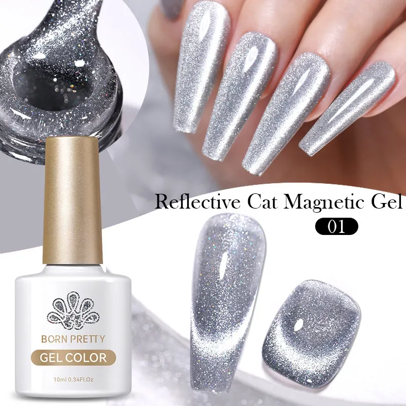 Cat kuku Gel Glitter reflektif 10ml BORN PRETTY, Cat kuku Gel magnetik berkilau bersinar, Cat dengan pernis UV