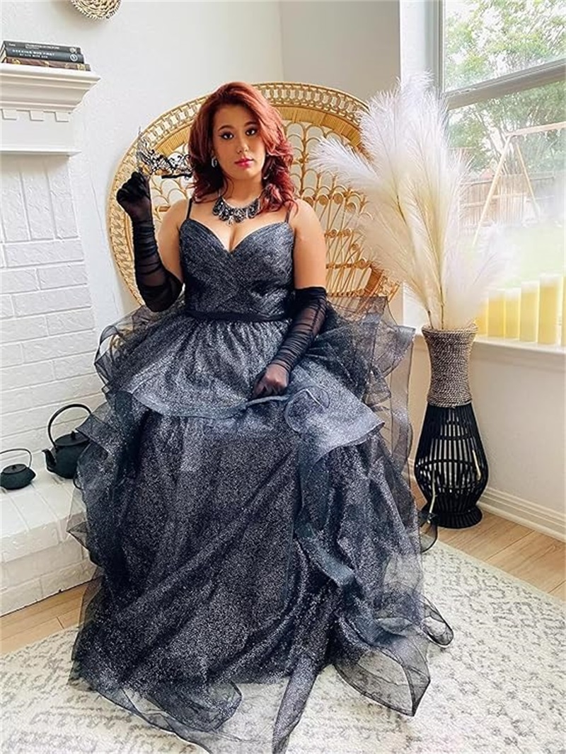 Aangepaste glitter tule galajurken spaghettibandjes baljurken voor dames gezwollen gelaagde formele avondfeestjurk