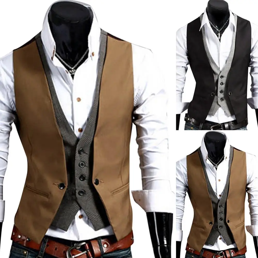 Chaleco Formal para hombre, chaleco de negocios de Color sólido con un solo botón, chaleco falso de dos piezas con cuello en V, chalecos informales S-lim para hombre