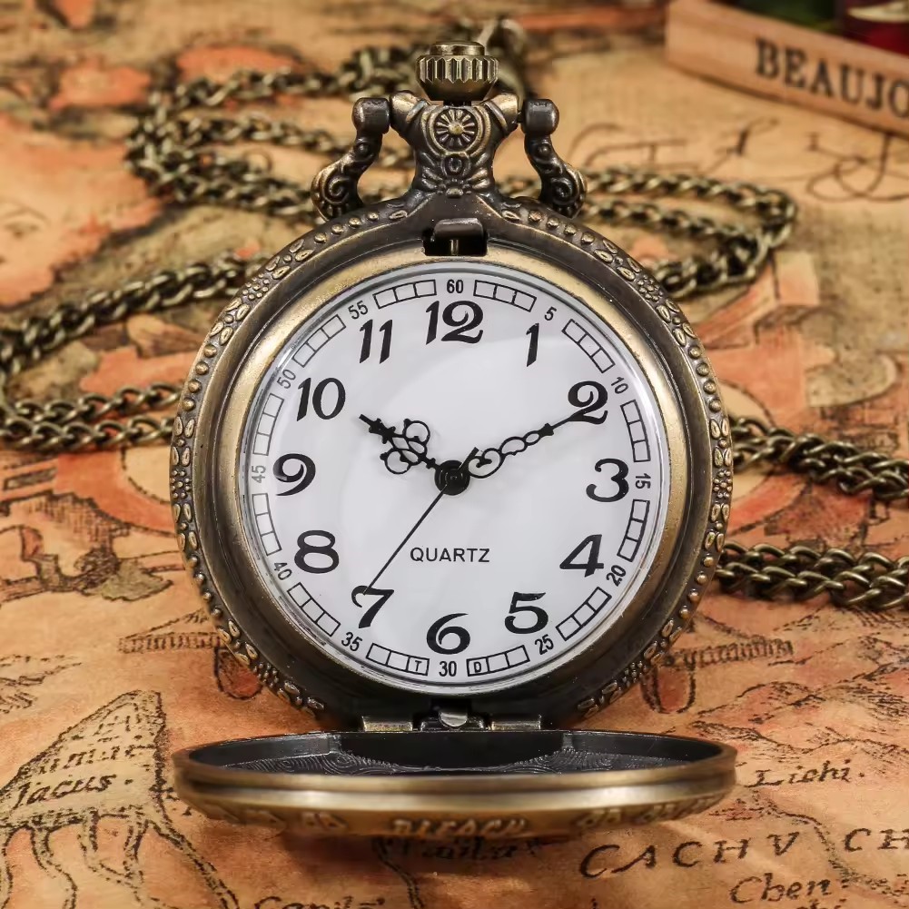 Vintage bronze quartzo relógio de bolso, homens e mulheres Santa pingente colar, presente de Natal