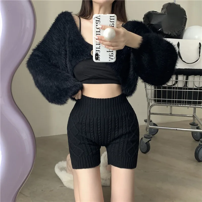 2023 니트 따뜻한 안전 짧은 여성 가을 ​​스키니 Bottoming 반바지 여성 겨울 높은 허리 엉덩이 리프팅 눈부심 방지 반바지