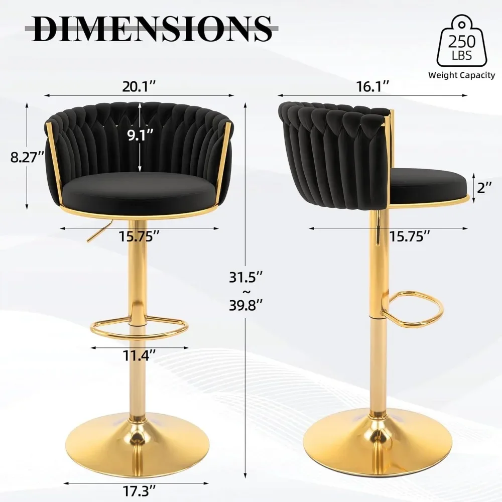Bar Stool Set of 2 Velvet Swivel Barstools Height Adjustable Counter Stools with Woven Back Bar Stools