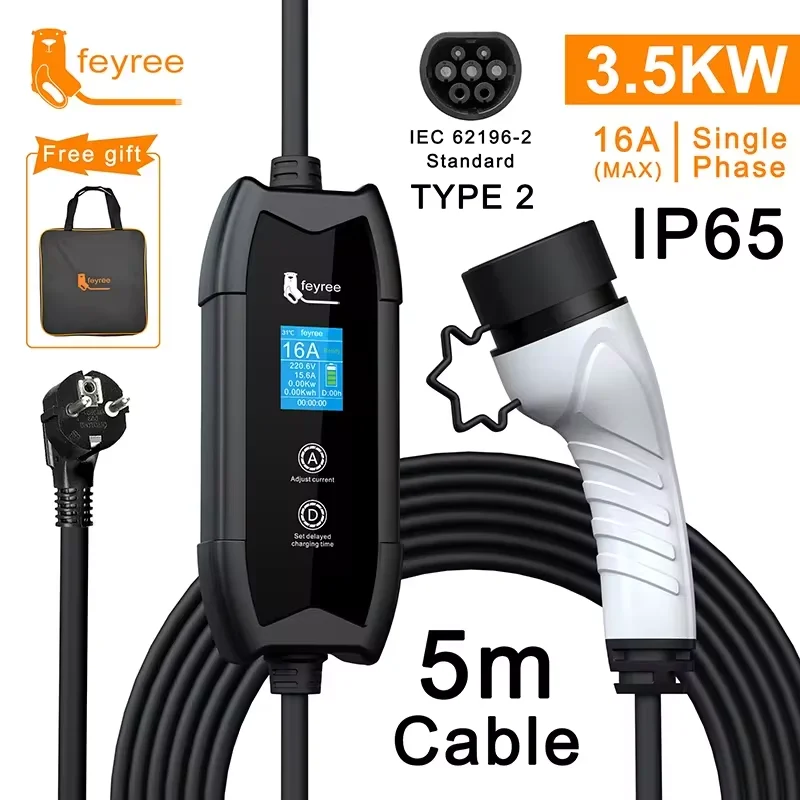 Feyree Przenośna Ładowarka EV Typ 2 16A 3.5kW Jednofazowa Regulacja Prądu i Ustawianie Czasu Opóźnienia z Wtyczką Schuko do Pojazdów Elektrycznych