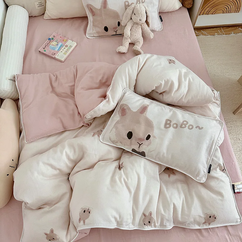 Juego de cama de cuna para niña coreana, Kit de cama de muselina de algodón Floral con conejito, rosa y cereza, funda nórdica, funda de almohada sin relleno
