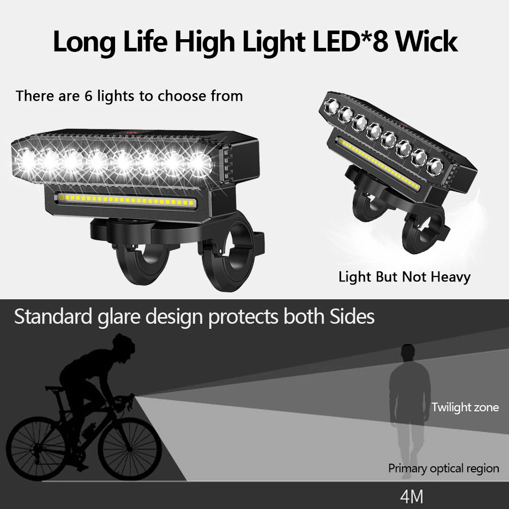 8 LED 自転車フロントライトホーン付き自転車ライト 6 モード USB 充電防水自転車ヘッドライト MTB サイクリングランプアクセサリー