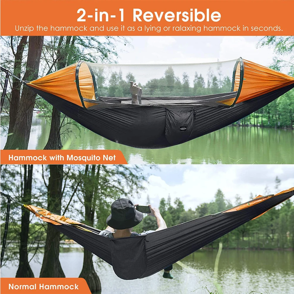 3 in 1 Outdoor Camping Hammock with Mosquito Net Automatic Quick Opening Nylon Hammock Chair Anti-Mosquito Hanging Bed Net