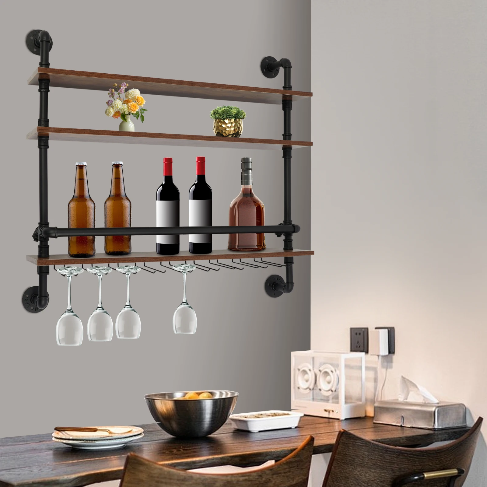 Industrial 3-Tier Wall Mounted Wine Rack with Glass Holders Guard Rails Iron Wood for Wine Bottle Storage Floating Shelves