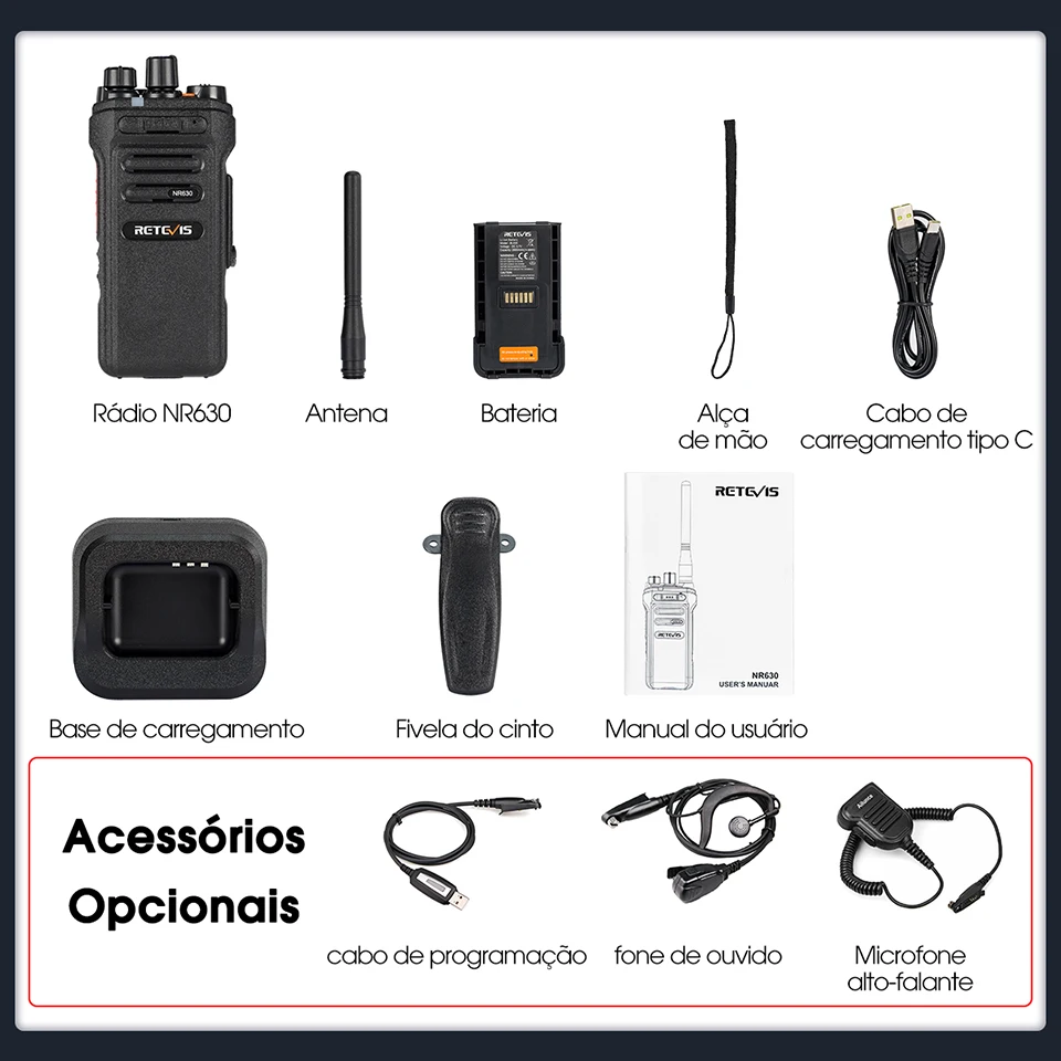 Retevis Walkie Talkie de alta potência NR630 Walkie-talkie bidirecional com redução de ruído IP67 à prova d'água rádio bidirecional tipo C carregador