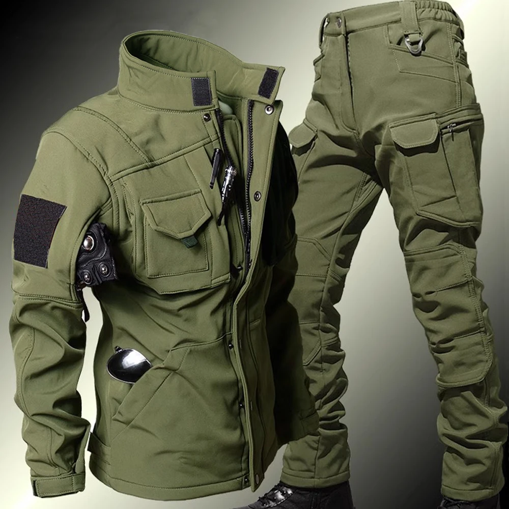 Windproof Waterproof Biker Suit Men Tactical Jacket Pants Sets Winter Shark Skin Soft Shell Uniform Warm Fleece Coats