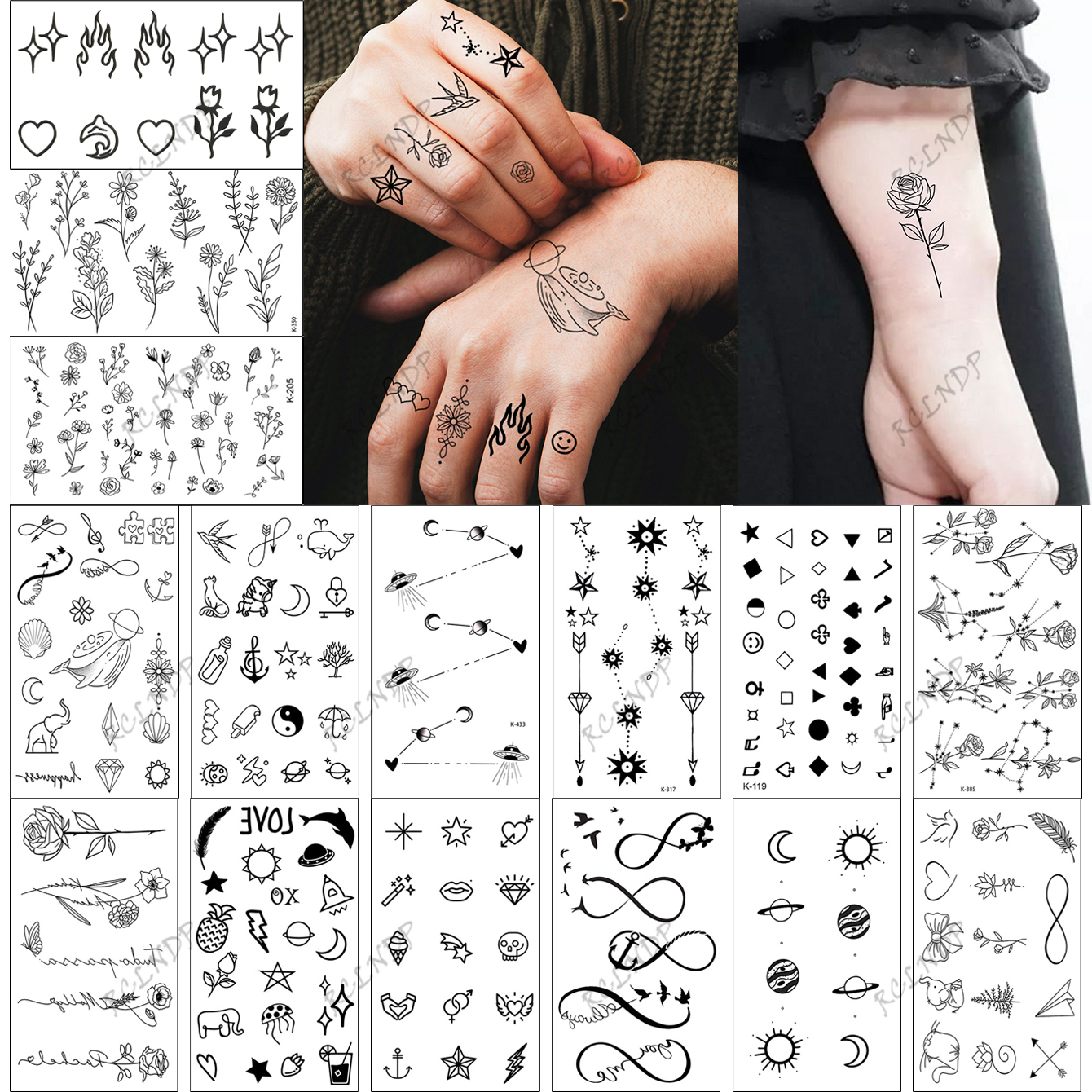 15 Uds tatuaje temporal a prueba de agua pegatina estrellada Luna flor corazón pájaro volador tatuaje falso Flash tatuaje de dedo para mujeres y hombres