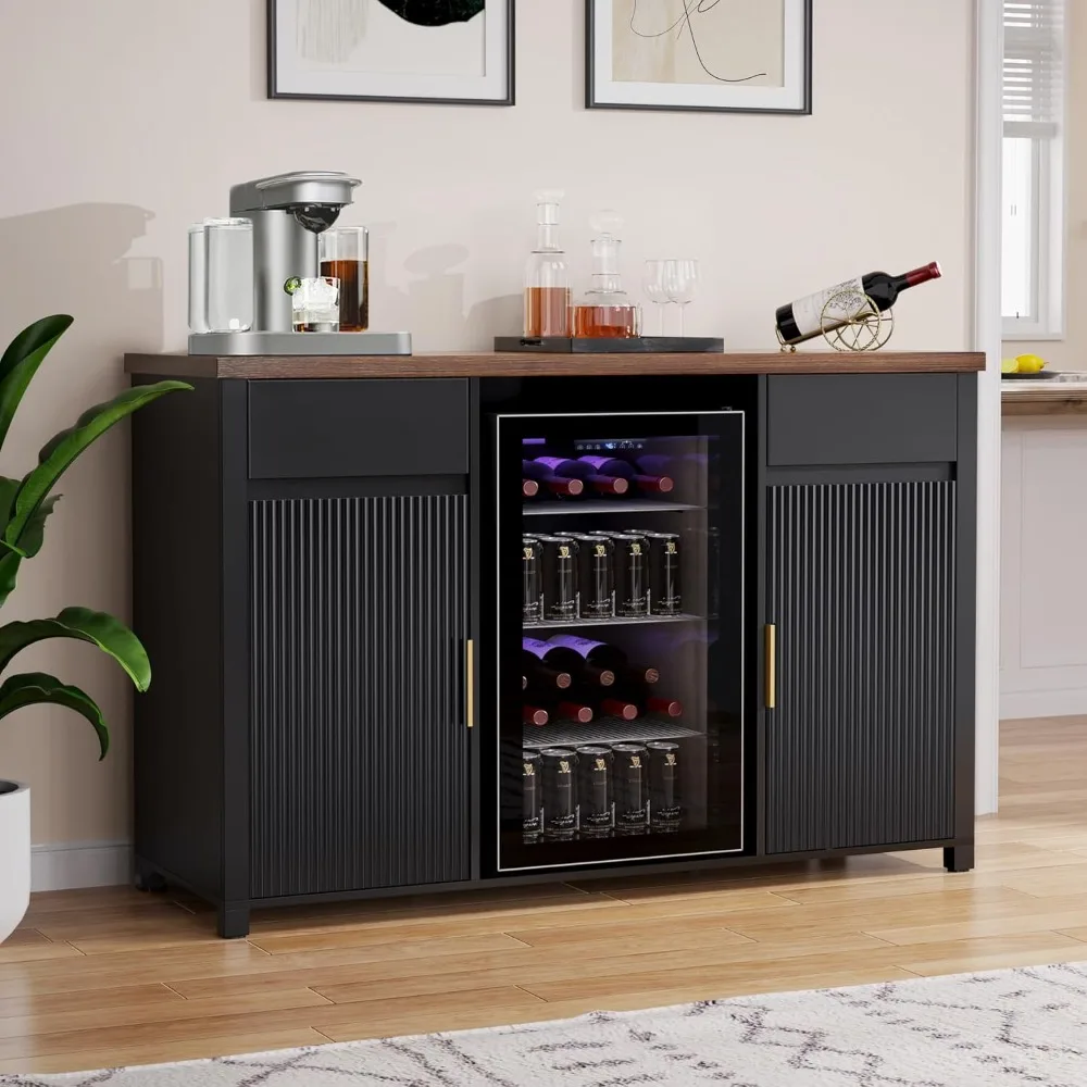 large coffee bar cabinet with fridge space, mini fridge cabinet with wine storage, buffet sideboard table for home, fluted mode
