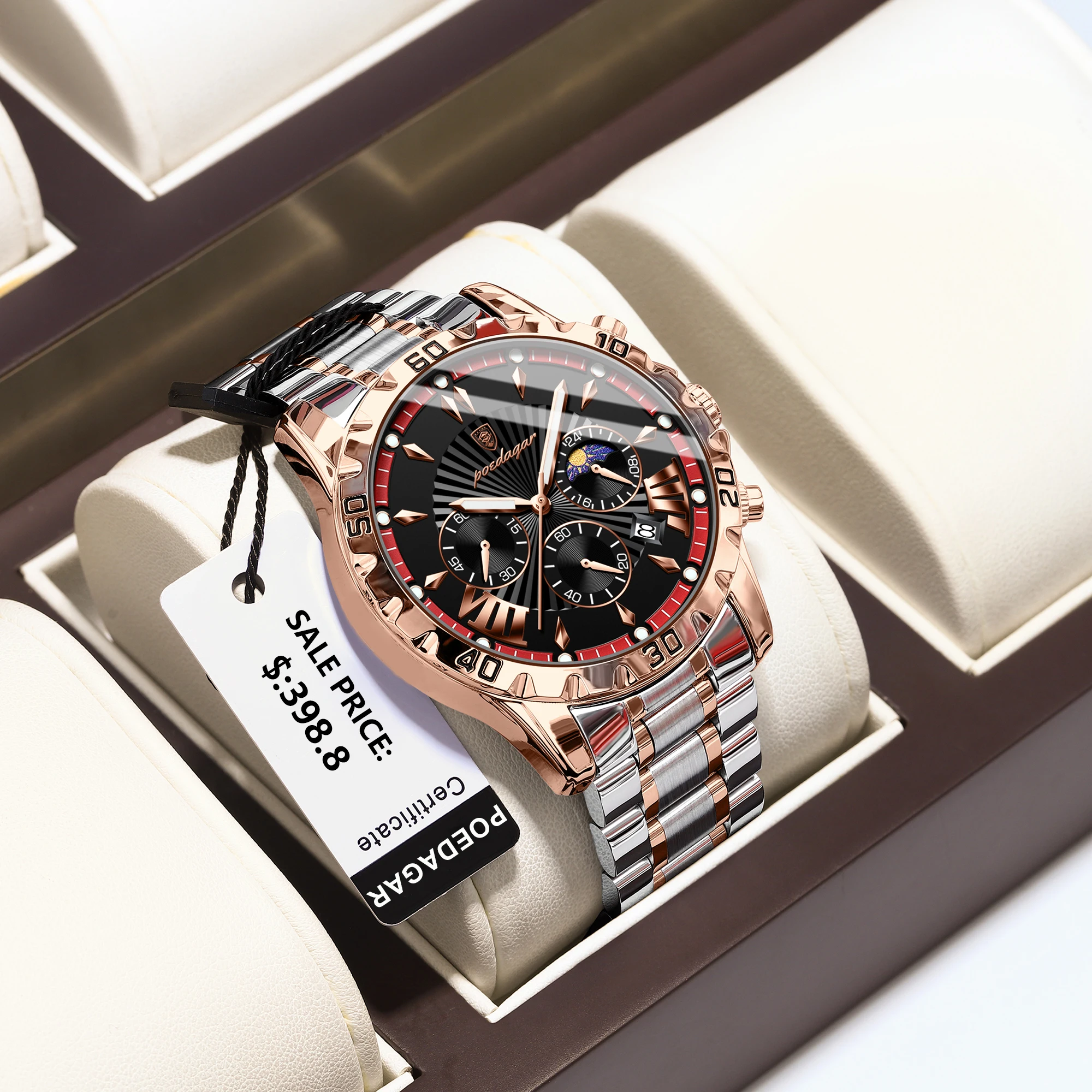 Reloj POEDAGAR de lujo de alta calidad para hombre, cronógrafo luminoso resistente al agua con fecha, reloj de cuarzo de acero inoxidable para hombre