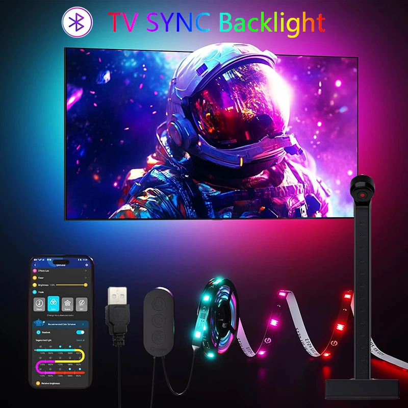 Tira de luces LED con retroiluminación de sincronización de TV, cinta de diodo de cinta Flexible USB con Sensor de captura de Color RGBIC, Control por aplicación remota Bluetooth