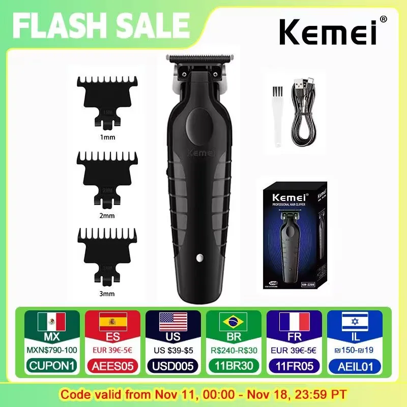 Cortadora de pelo inalámbrica Kemei 2299 para peluquero, cortadora de tallado sin huecos de 0mm, cortadora de acabado eléctrica profesional